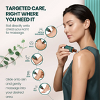 Woman applying Natural Riches eucalyptus castor oil roll-on to her shoulder, with neck, back, arm, leg and foot application illustrations