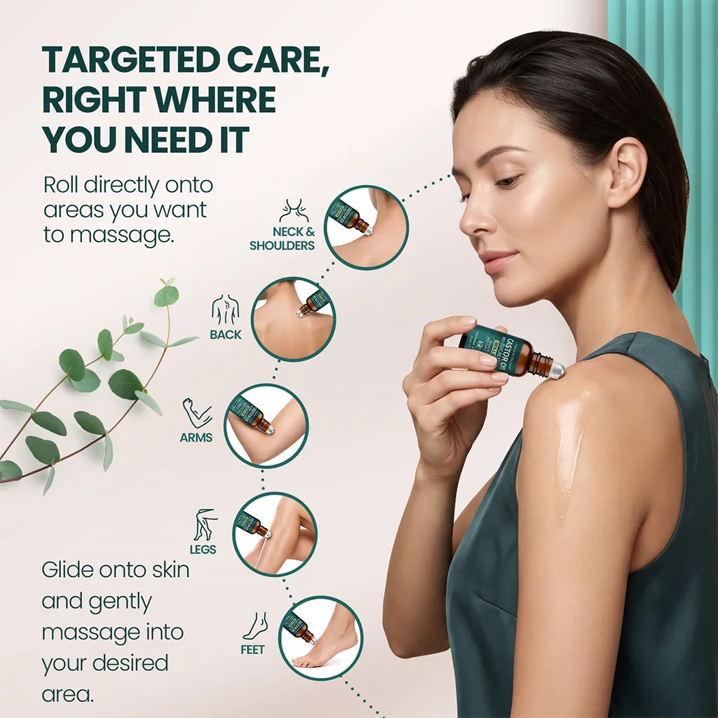 Woman applying Natural Riches eucalyptus castor oil roll-on to her shoulder, with neck, back, arm, leg and foot application illustrations