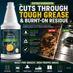 Five Guards Extra Strength kitchen degreaser shown cutting through tough grease and burnt-on stovetop residue