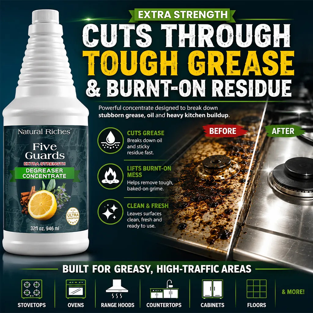 Five Guards Extra Strength kitchen degreaser shown cutting through tough grease and burnt-on stovetop residue