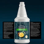 Front and side label views of Natural Riches Five Guards Degreaser Concentrate with ingredients, directions, and safety information