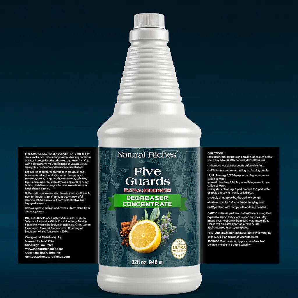 Front and side label views of Natural Riches Five Guards Degreaser Concentrate with ingredients, directions, and safety information