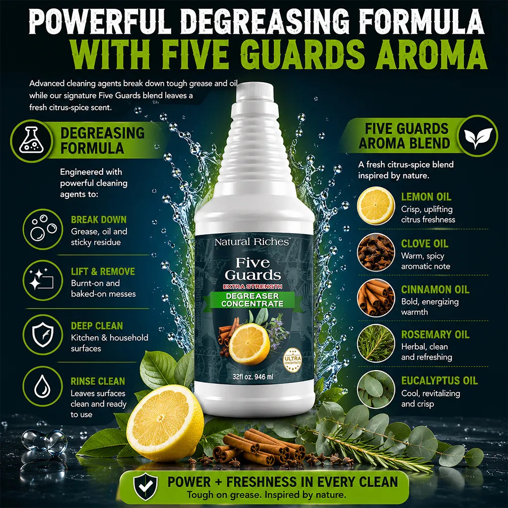Five Guards degreasing formula with lemon, clove, cinnamon, rosemary, and eucalyptus oils
