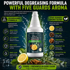 Five Guards degreasing formula with lemon, clove, cinnamon, rosemary, and eucalyptus oils