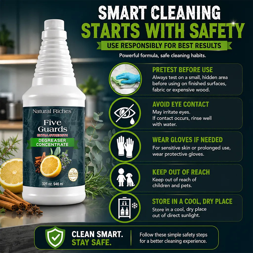 Safety and storage guidance for Five Guards Degreaser Concentrate, including spot testing, gloves, and eye contact precautions