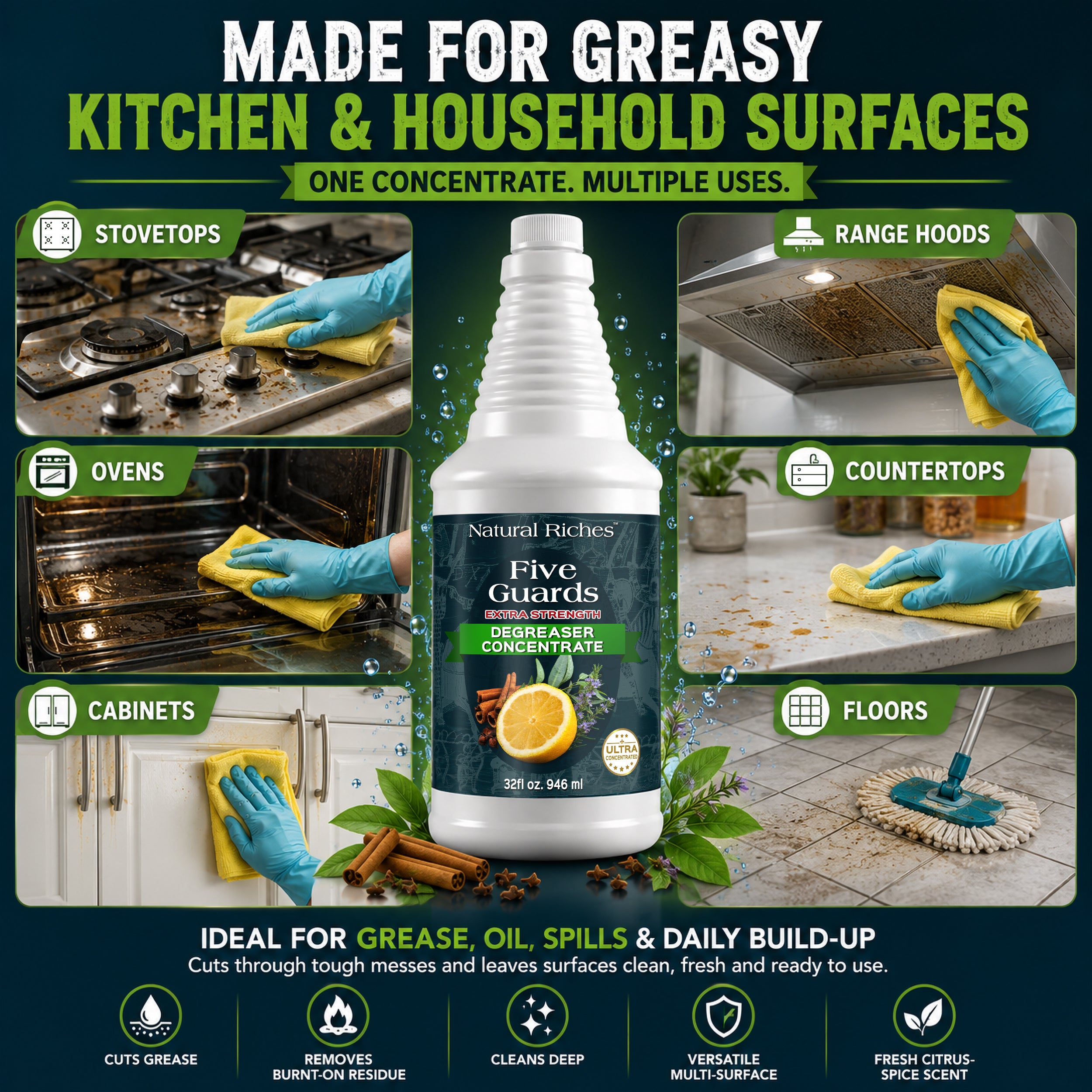 Five Guards multi-surface degreaser for stovetops, ovens, range hoods, countertops, cabinets, and floors