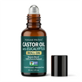Natural Riches castor oil with eucalyptus roll-on, showing the stainless steel rollerball and black cap on a white background.