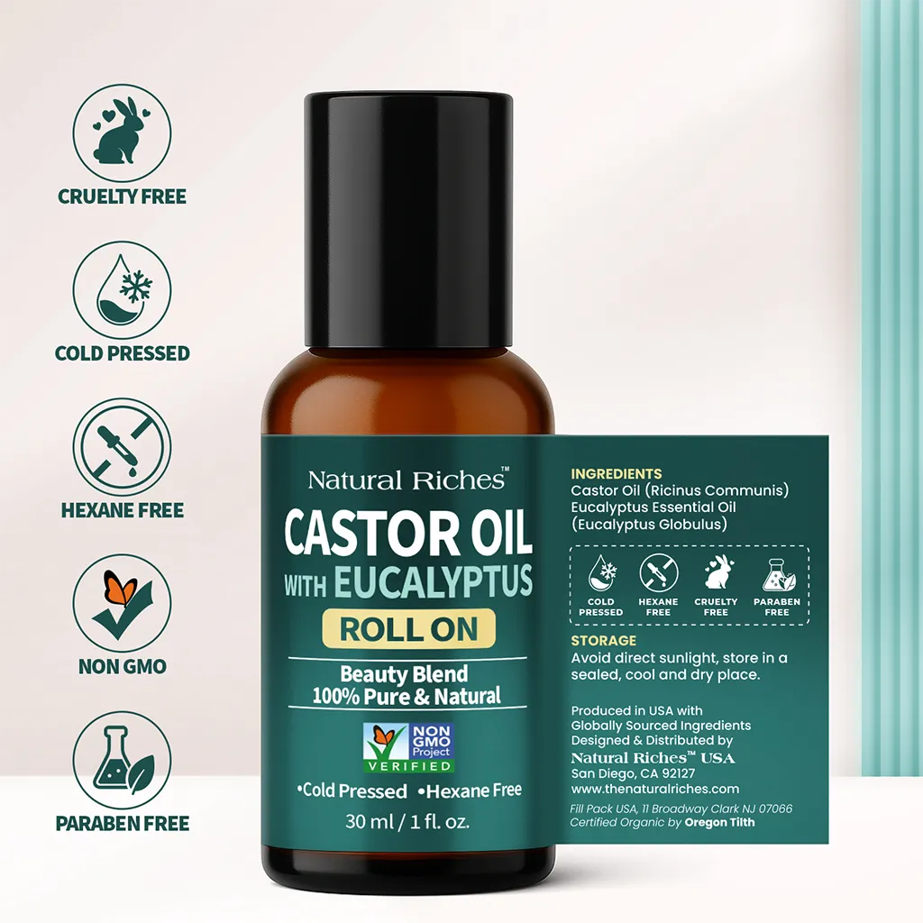 Natural Riches eucalyptus castor oil roll-on with label details and cold-pressed, hexane-free, non-GMO and paraben-free icons.