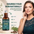 Woman touching her cheek beside Natural Riches castor oil with eucalyptus roll-on and “Nourish Your Skin Naturally” text.