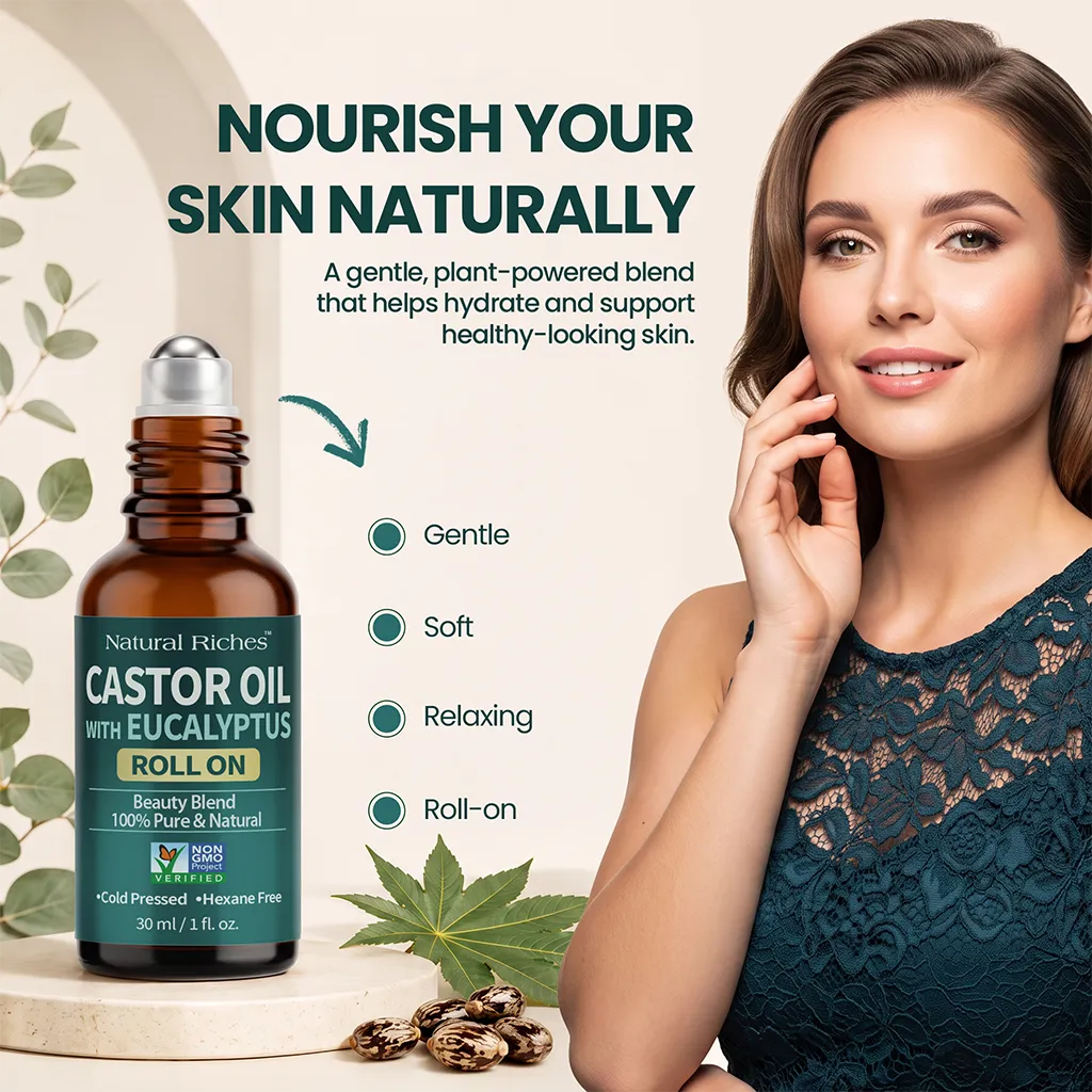 Woman touching her cheek beside Natural Riches castor oil with eucalyptus roll-on and “Nourish Your Skin Naturally” text.