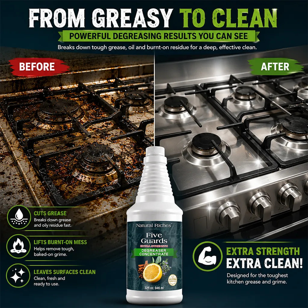 Before and after stovetop cleaning results using Five Guards Degreaser Concentrate on grease and burnt-on residue